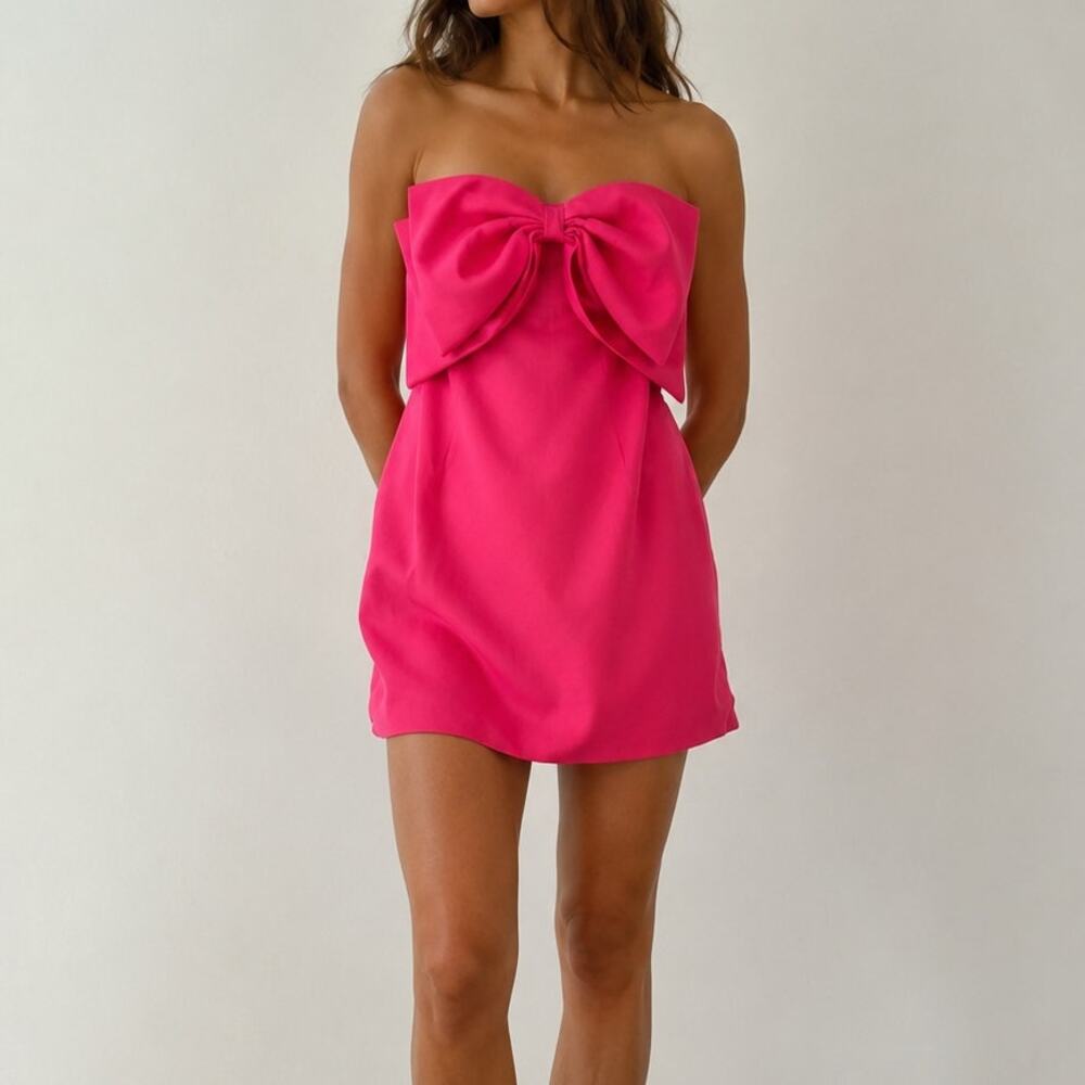 Thirty Thirty Hot Pink Bow Front Strapless Mini Dress Y2K Style Coquette Size L